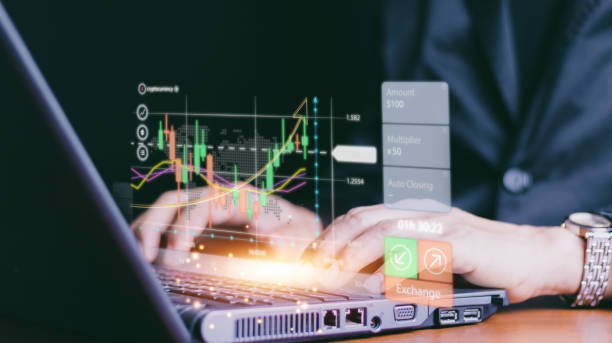 planning analyze indicator and strategy buy and sell, Stock market, Business growth, progress or success concept. Businessman or trader is pointing a growing virtual hologram stock, invest in trading